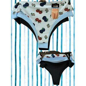 AQS XL Striped Berry Black -Baby Blue Seamless Lined Gusset Thong Panties-3 Pk